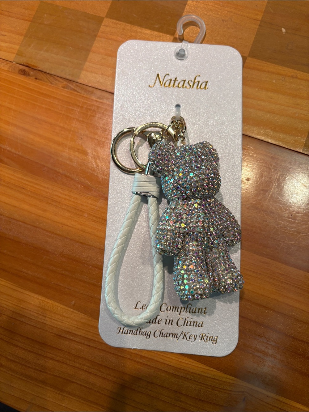 Natasha Couture Iridescent Crystal Teddy Keychain - White Strap